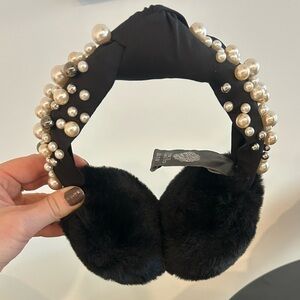 Vince Camuto Black Fuzzy Earmuffs with Pearl Accents